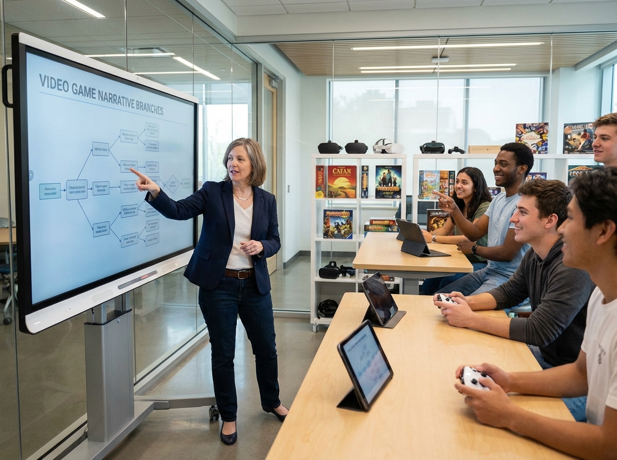 Professeure devant tableau interactif avec étudiants en innovation