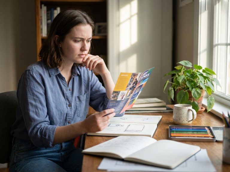 Jeune femme lisant une brochure d'art dans un bureau lumineux
