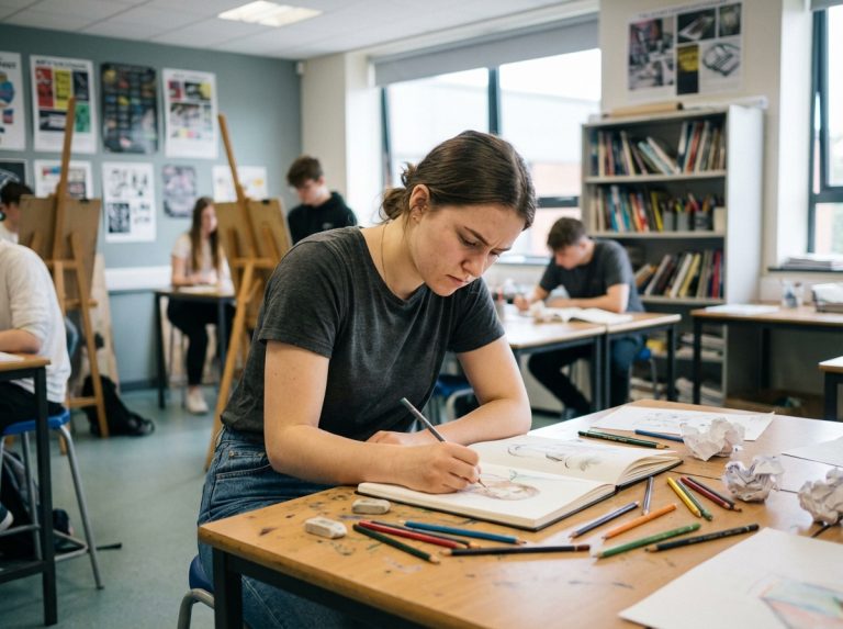 Jeune femme en classe d'art en train de dessiner à son bureau
