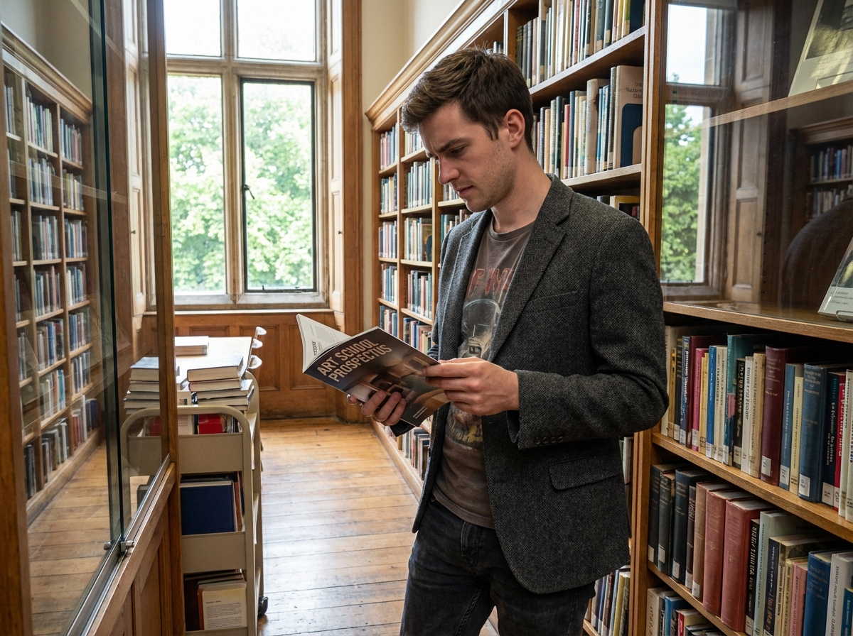 Jeune homme feuilletant un prospectus dans une bibliothèque universitaire